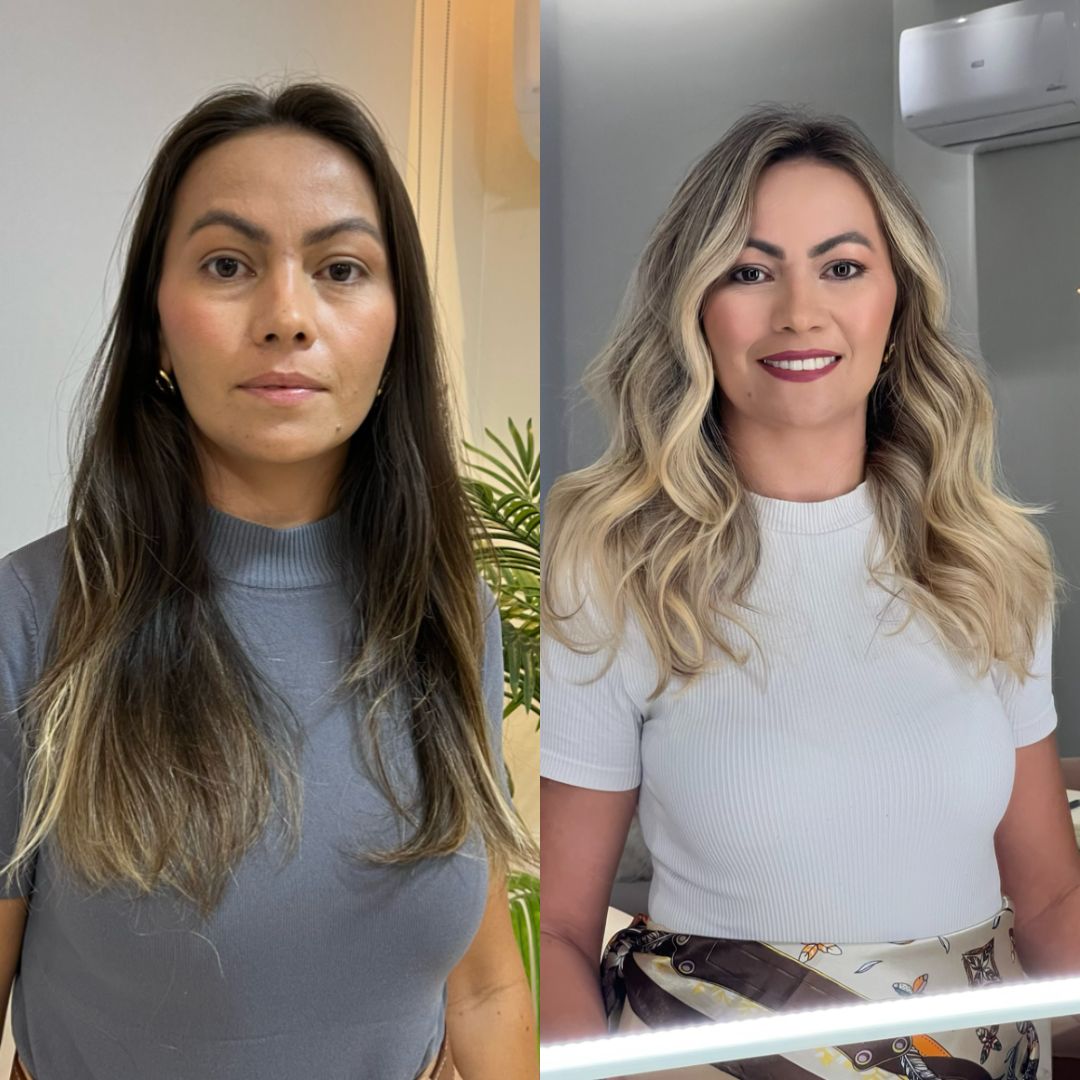 Antes e depois - Transformacao com mechas loiras e ondas