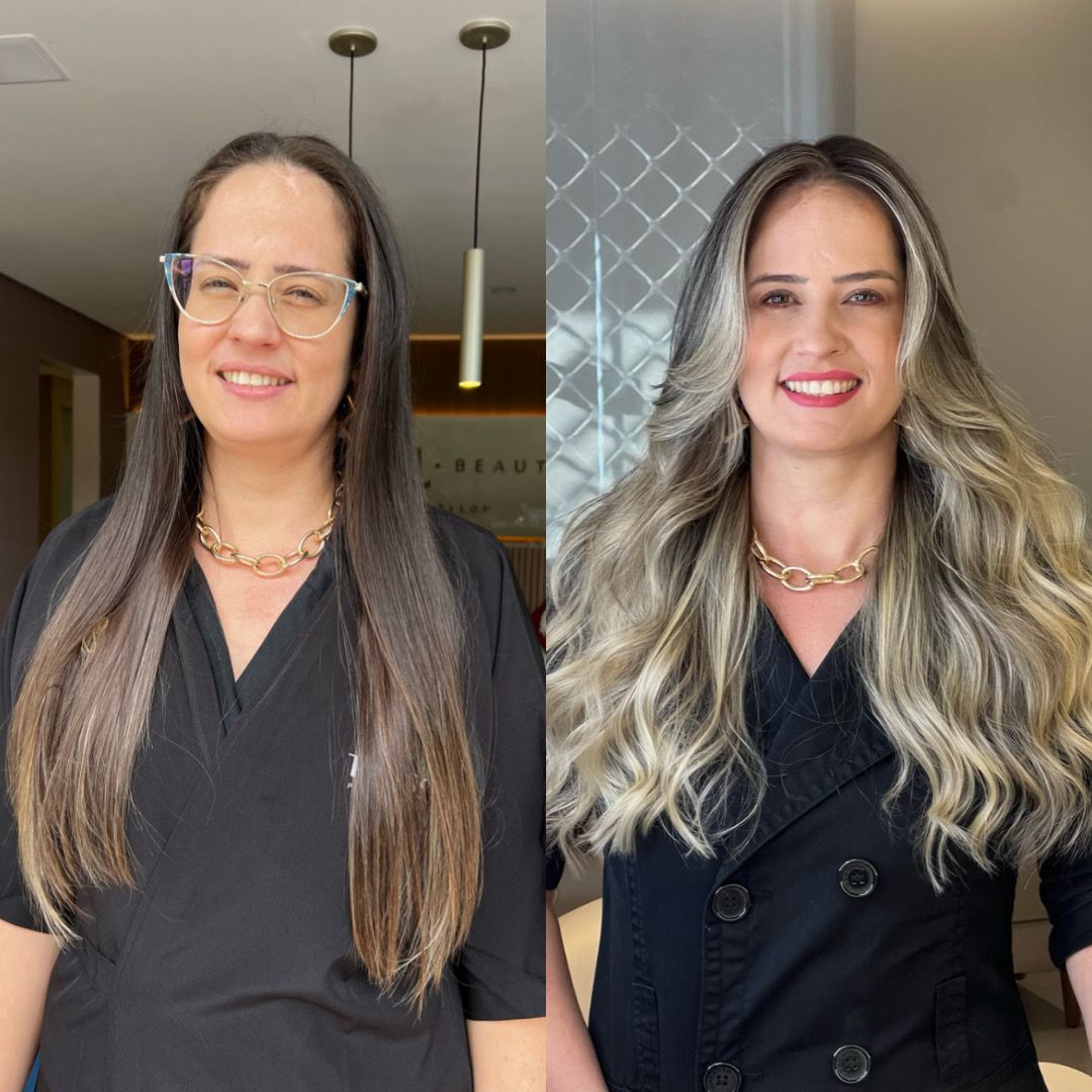 Antes e depois - Transformacao com mechas platinadas e volume