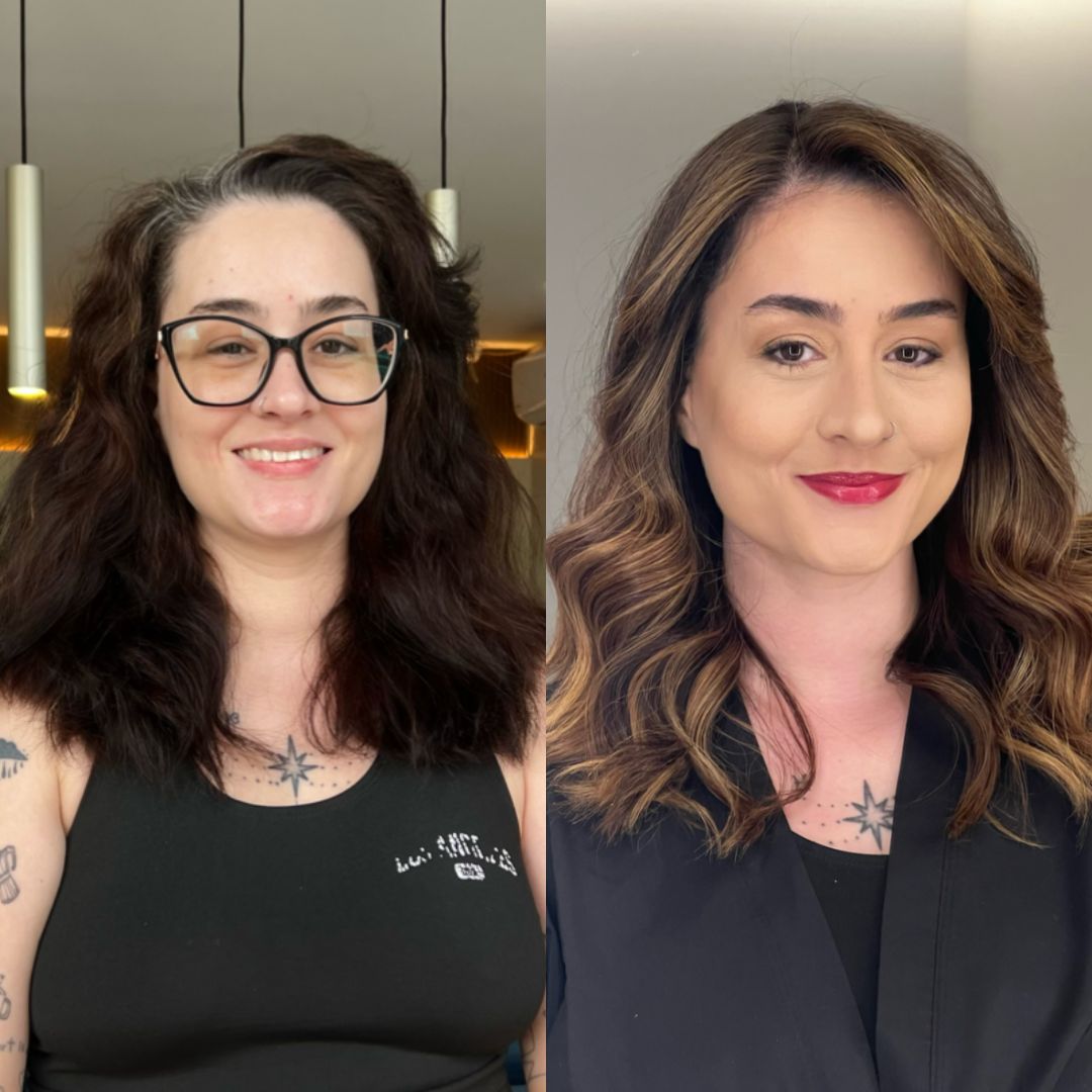 Antes e depois - Transformacao com mechas castanhas e ondas