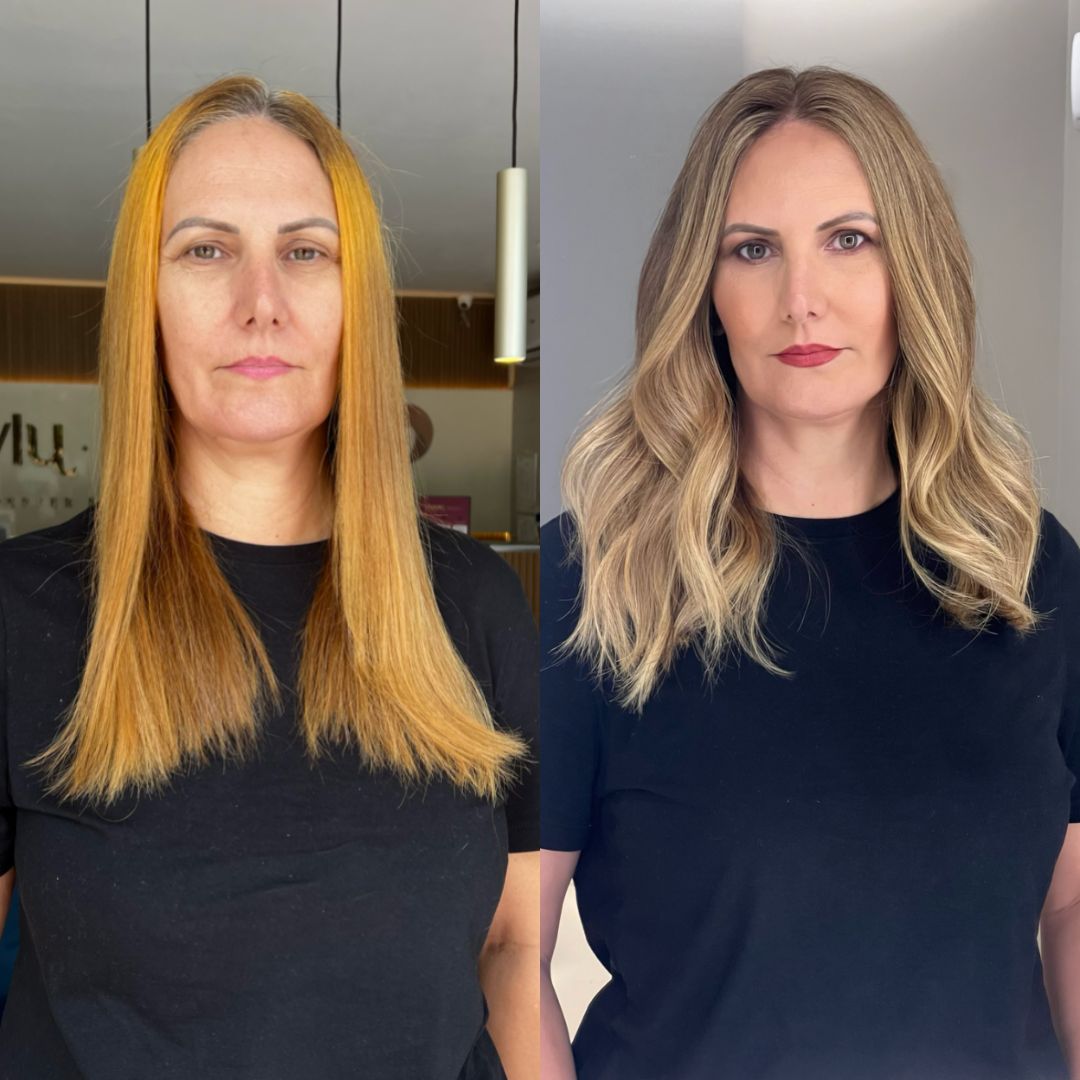 Antes e depois - Correcao de tom alaranjado para loiro natural